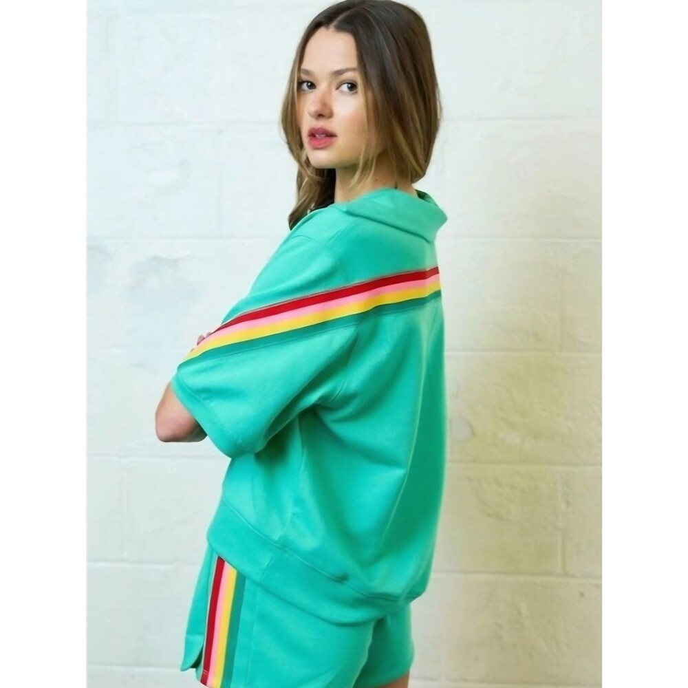 The GREII Sea Green Rainbow Striped Short Sleeve Sweatshirt Size M Retro - Picture 3 of 5